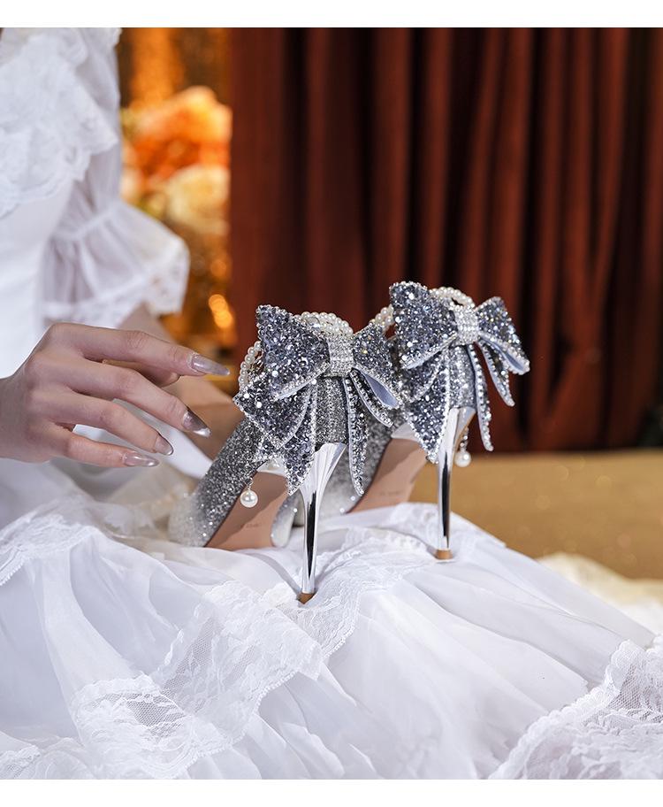 9888W-012 Xiuhui Women's High-End Crystal Pearl Wedding Heels with Sequins and Bowknot