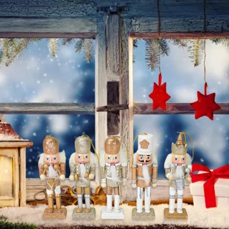 Stylish Nutcrackers Display Ornament Unique Wood Nutcrackers Desk Decoration with Gold and Silver Highlight for Party