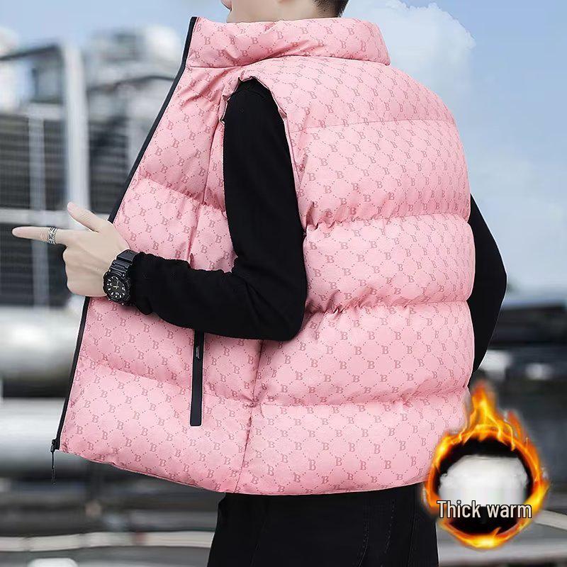 

Men s Fleece-Lined Stand-Up Collar Cotton Vest for Autumn/Winter - Trendy Casual Sleeveless Jacket 5XL рожевий