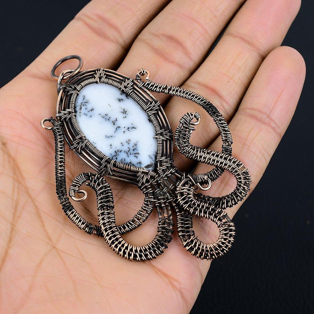 Dendrite Opal 999 Copper Wire Wrapped Pendant, Handmade Gemstone Jewelry Pendant Gift For Birthday