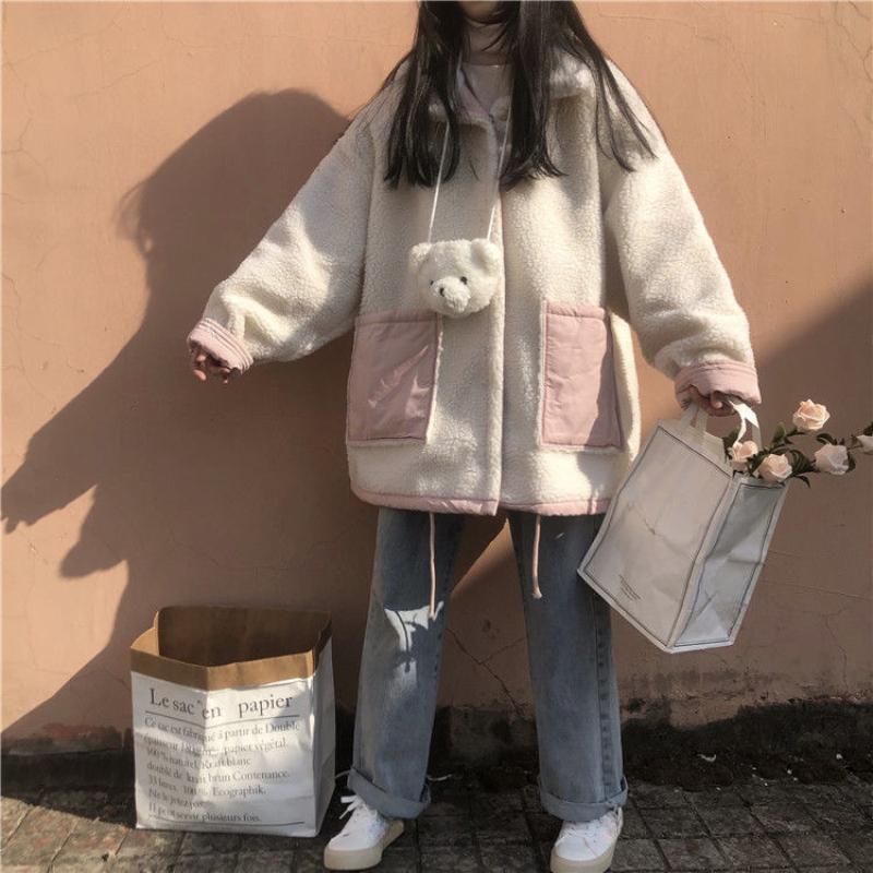 Winter Korean Sweet Warm Lamb Wool Coat Women Chic Cute Two Sided Wear Patchwork Thick Clothes College Style Casual Fashion Outerwear