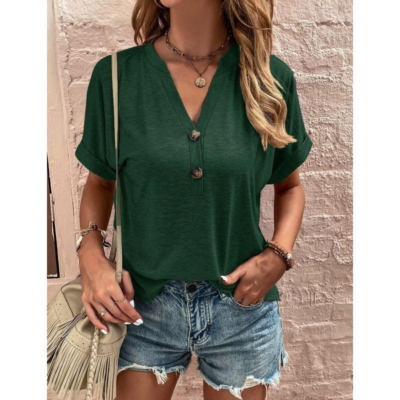 

Twisted Button Solid Color V-neck Top Twist Buckle Solid V-neck Loose Top Green XL