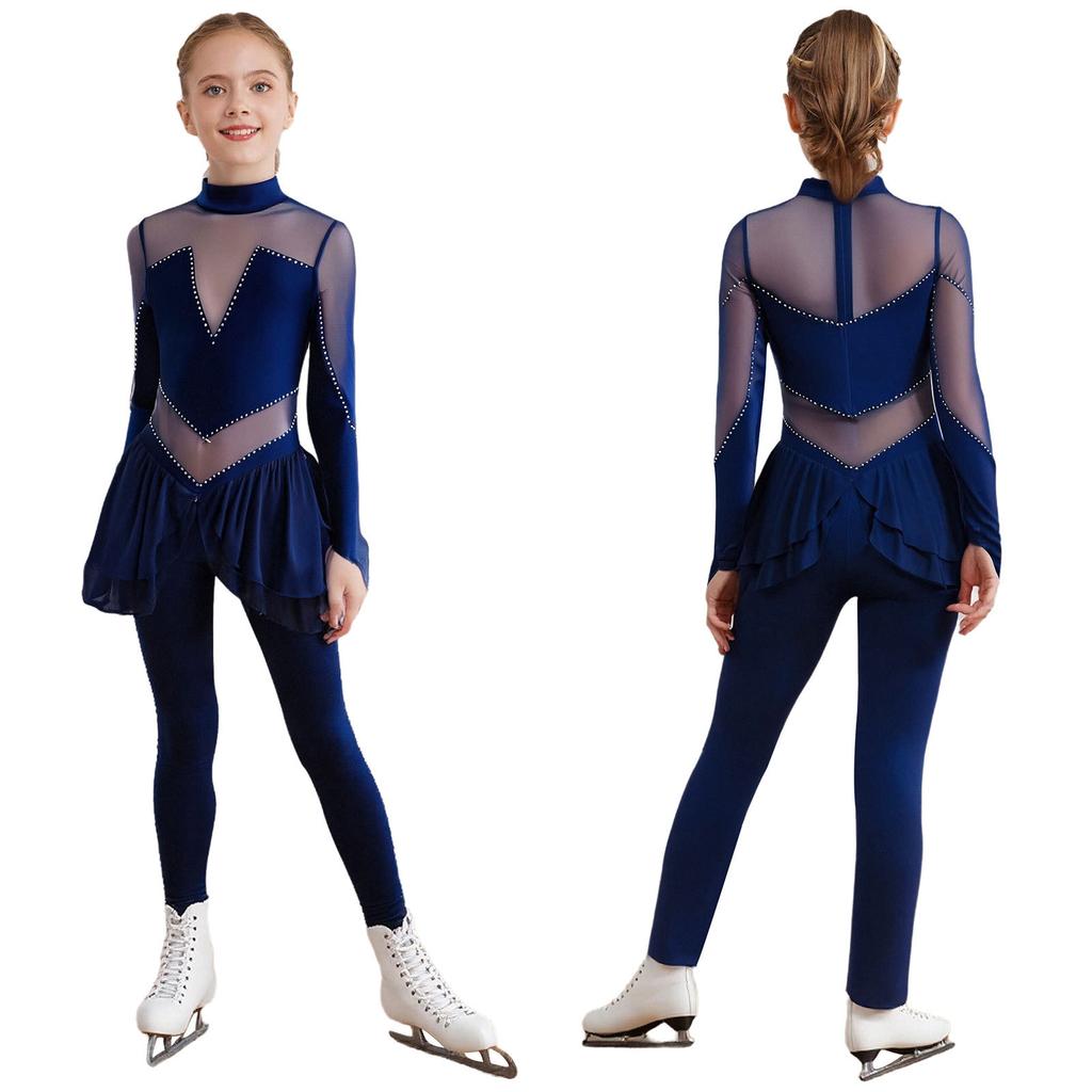 Girls Figure Skating Jumpsuit Mock Neck Long Sleeve Sheer Mesh Patchwork Shiny Rhinestones Bodysuit
