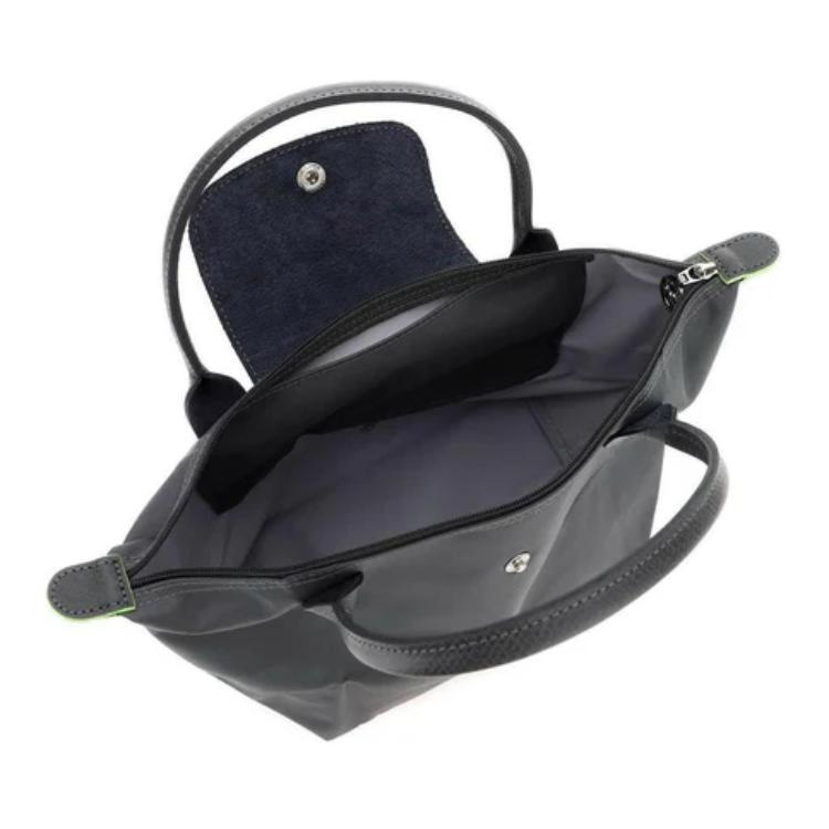 Longchamp Le Pliage Green Embossed Logo Silver Metal Zipper Recycled Nylon Tote Bag Small Women Tote Bags Graphite-Black L1621919P66