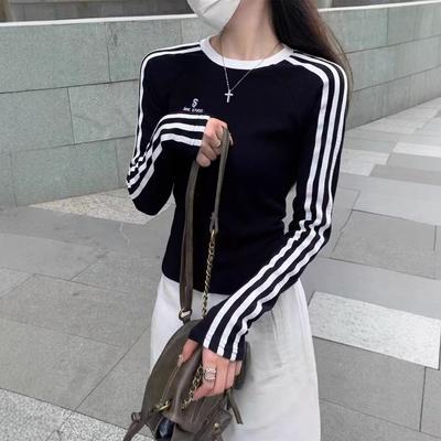 Spring Autumn Modal Three Stripe Print Long Sleeve Tee Women Round Neck Casual Warm Base Layer Top