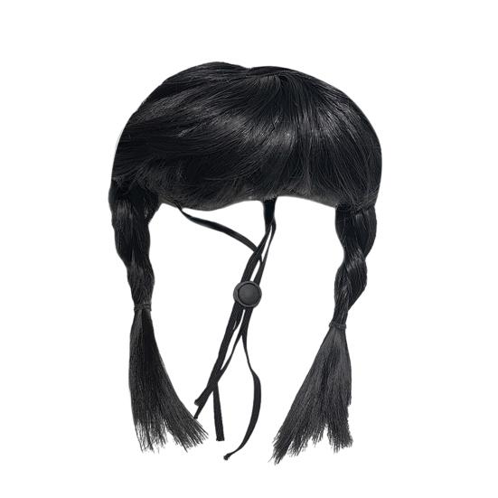 Funny Black Double Ponytail Pet Wig with Adjustable Strap Novelty Dog Cat Cosplay Accessory for Halloween Christmas Parties Festivals 1pc