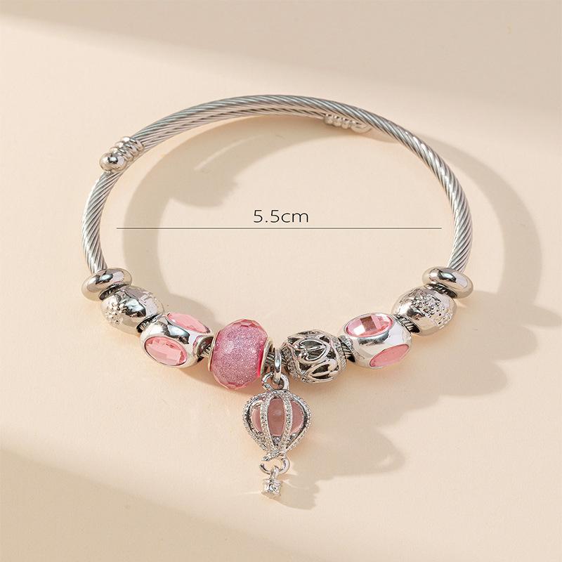 Adjustable Open Bangle Bracelet With DIY Beaded Pink Air Balloon Charm Stainless Steel