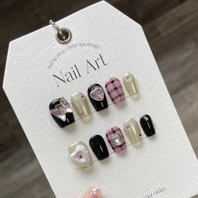 100% HANDGEMACHT Trapezoid Sargform Künstliche Nagelkunst Kristall Schmetterling Karo Schwarz Phototherapie Nägel Wiederverwendbare Nägel