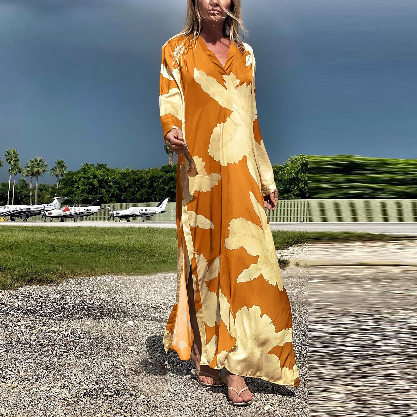 

(проектор)Женская мода для отдыха с принтом пляжная блузка пуловер солнцезащитный крем женское праздничное платье шифон XXL жёлтый