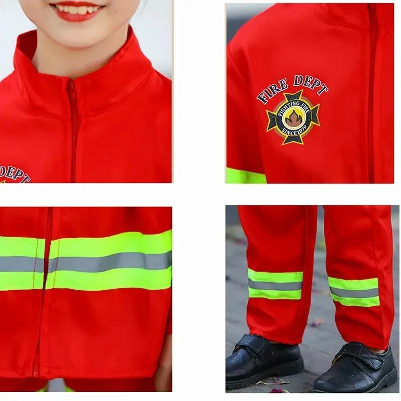 Child Red Firefighter Costume Printed Reflective Stripes Warning Firefighting Uniform with Walkie Talkie Compass Whistle Toys