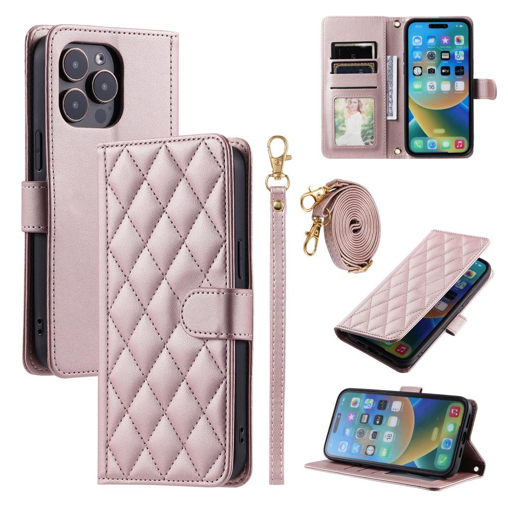 Applicable to iPhone16 mobile phone leather case 13Pro small fragrant wind rhombus plaid diagonal span leather case 14plus portable rope