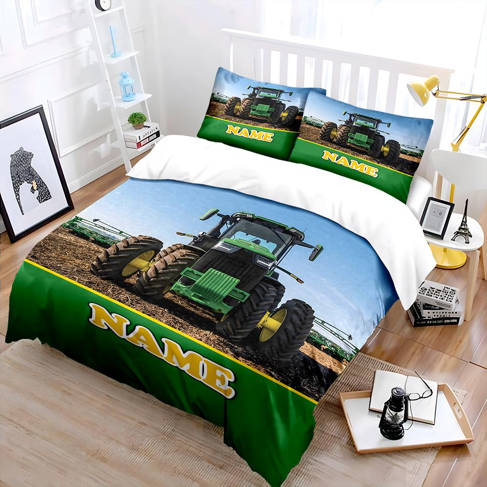 3Pc Custom Name Farm Tractor Printed Bedding Set Cartoon Anime Duvet Cover Comforter Pillowcase Boys Girls Children Adults King