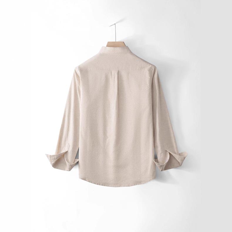 Men's Cotton Linen Stand-up Collar Shirt - Khaki, Retro, Long Sleeve, Trendy Top for Spring and Autumn.