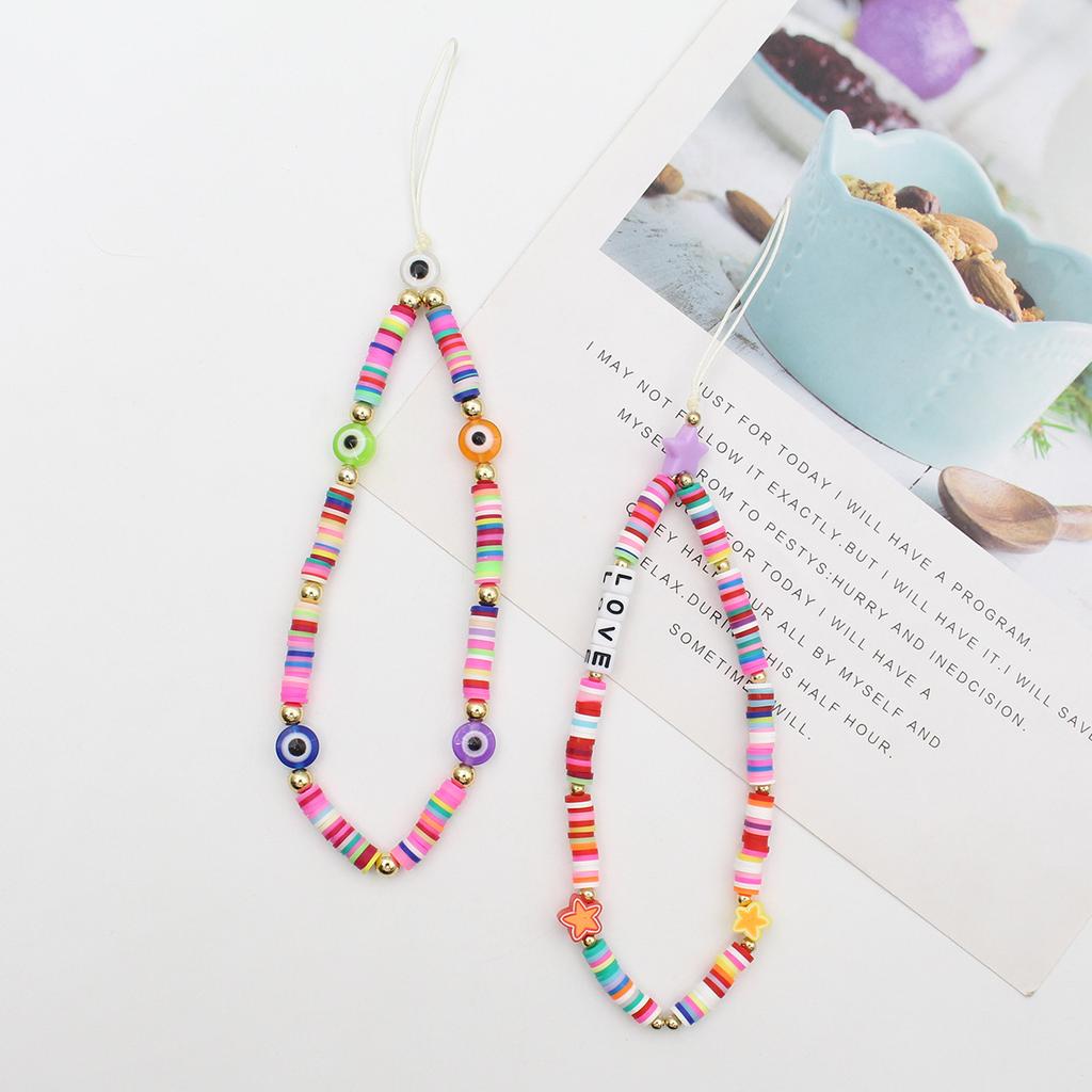 Color mobile phone chain beads selling devil's eye soft pottery mixed color mobile phone chain lanyard manufacturers.