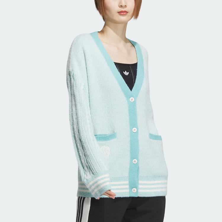 Adidas Originale SS24 V-Day Bestickter Buchstaben Colorblock Lässiger Strickpullover Damen Oberteile Mintgrün JE8281
