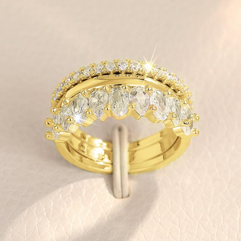 Light Luxury Zircon Ring Three-Piece Set, Wedding Banquet Dress Accessories, Fashionable Geometric Design Ring