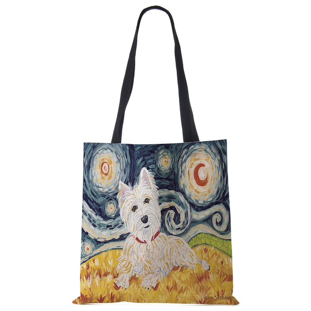 Unique Design Westie Dog Painting Square Handbag for Women Shoulder Bags Large Capacity Eco Linen Totes KTY