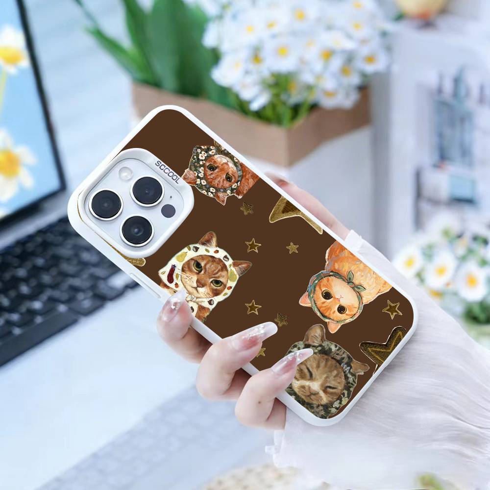 

Масляная живопись Милый кот Чехол для телефона для iPhone17, 16,15,14,13,12 Pro Max белый Конфетный Матовый Ударопрочный Чехол iPhoneXSMAX