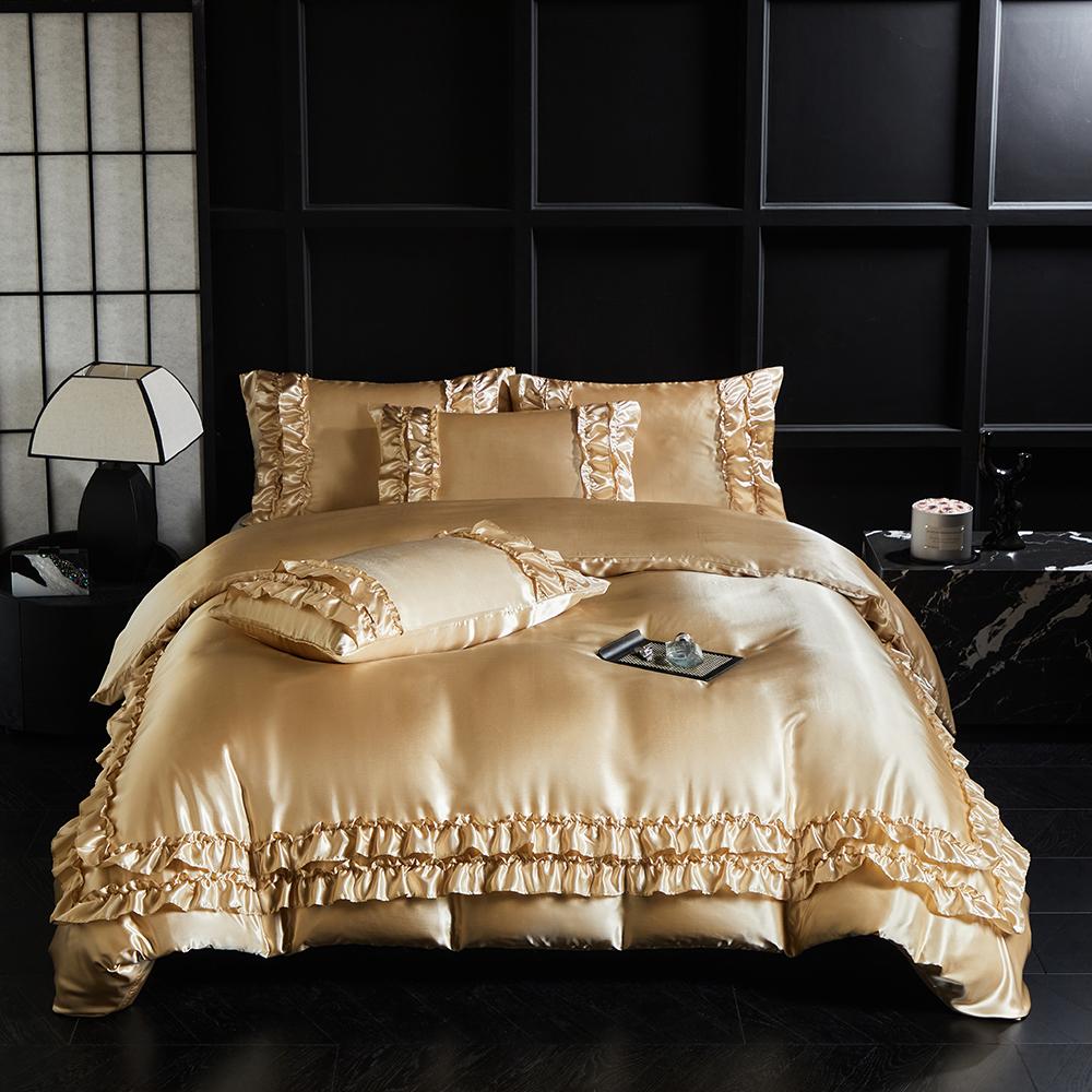 Luxury Satin Double-Layered Ruffles Duvet Cover Set Queen Soft Silky Blanket Cover And Pillowcases Skin-Friendly Quilt Cover