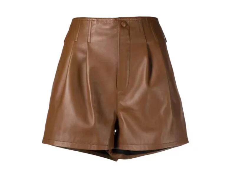 Módní ležérní hnědé dámské šortky z pravé jehněčí kůže, stylové, ručně vyráběné