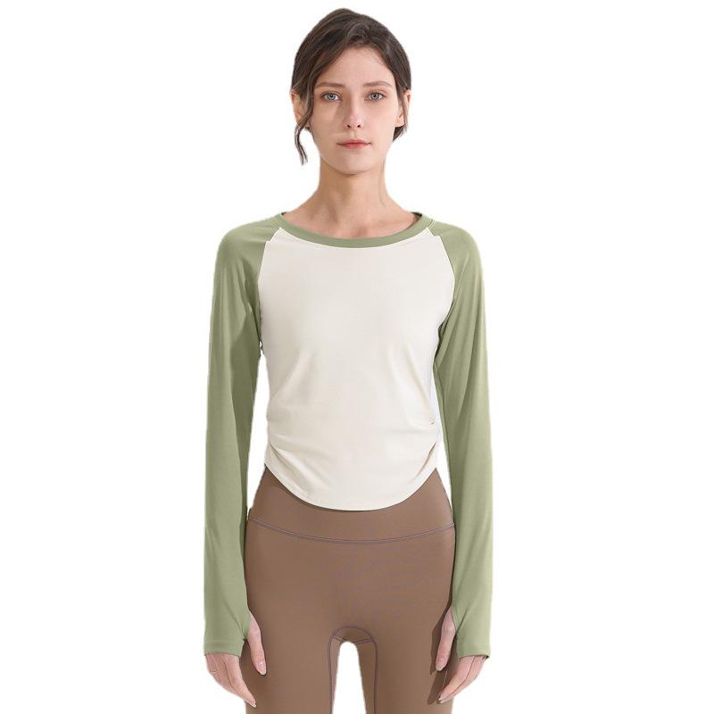 Damska szybkoschnąca plisowana koszulka do jogi z długim rękawem i kontrastowymi wstawkami