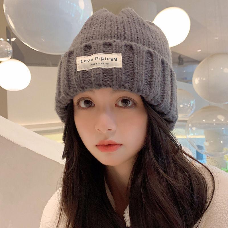 Coarse knitted wool hat student new women's autumn and winter versatile big head circumference loose warm face small cold hat