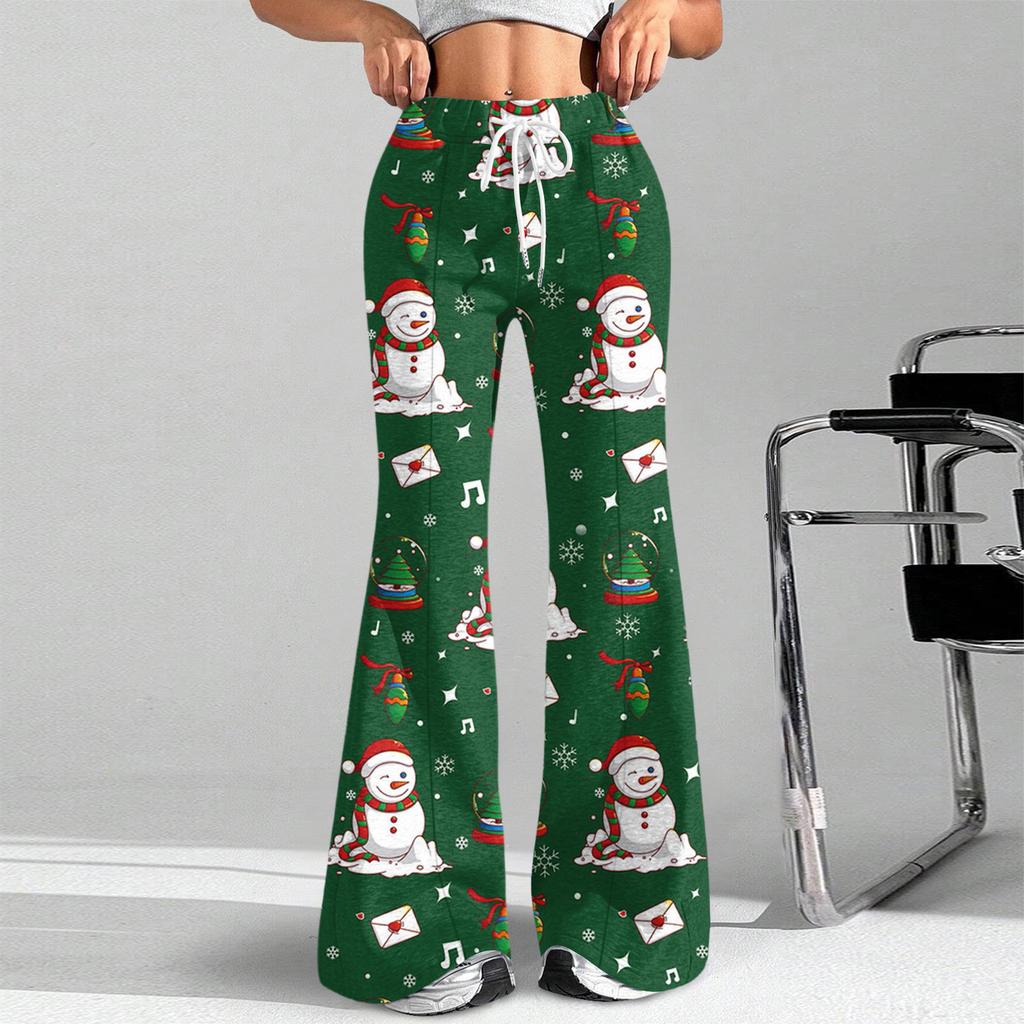 Women's Fashion Loose Drawstring Waist Christmas Printed Casual Sports Pants Casual Flared Pants