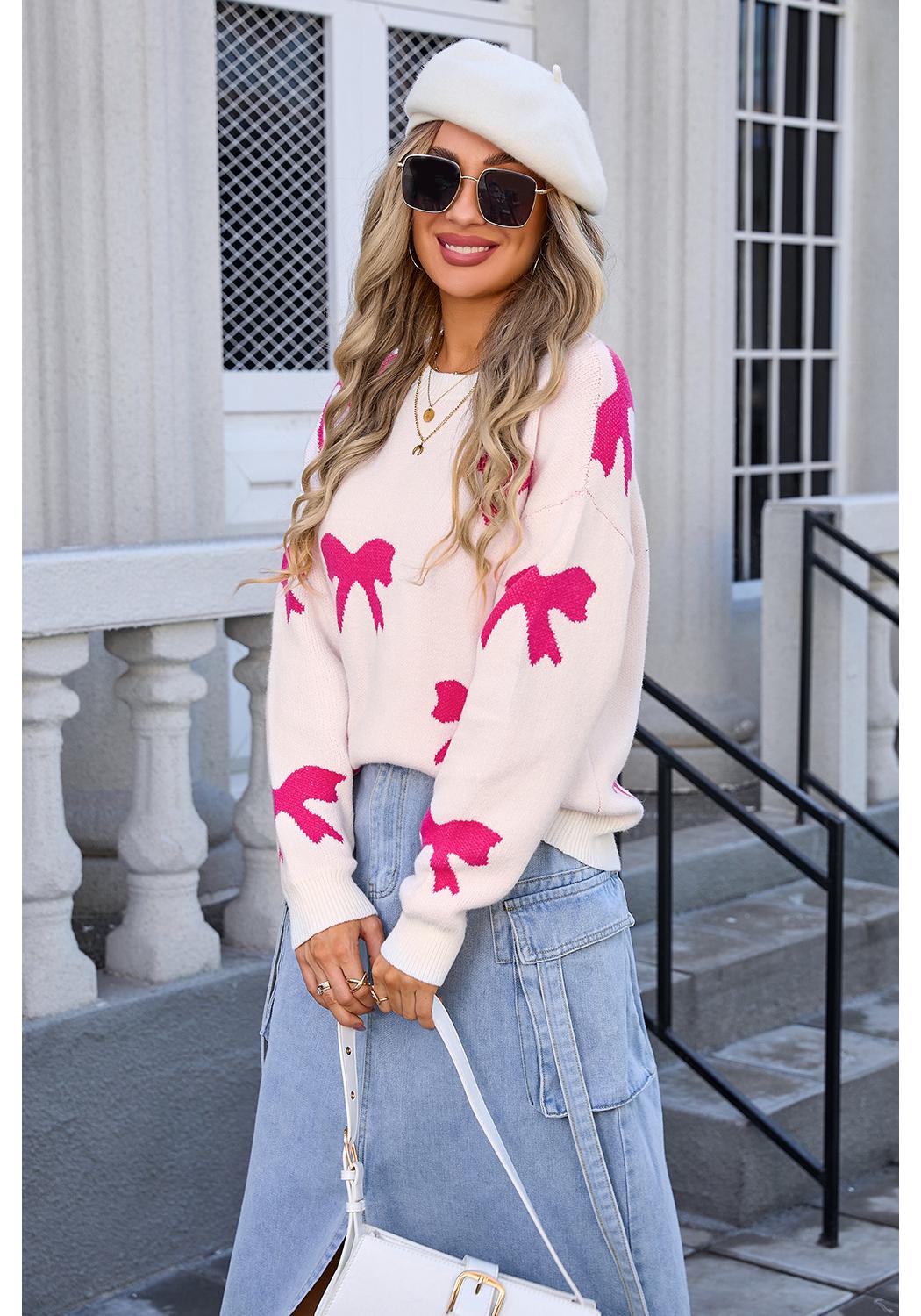 2026 Spring Women s Knitwear: Bowknot Long Sleeve Pullover Sweater Large белый