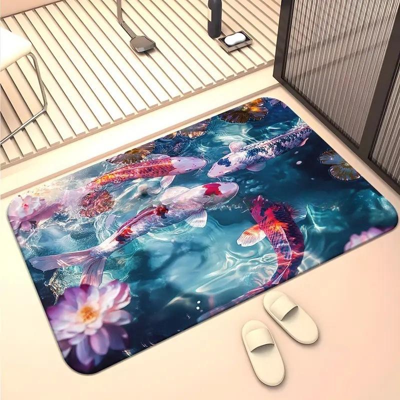 3D Optische Illusion Teppich Realistischer Fischteich Bereichsteppich Waschbar Goldfischteich Fußmatte Rutschfest