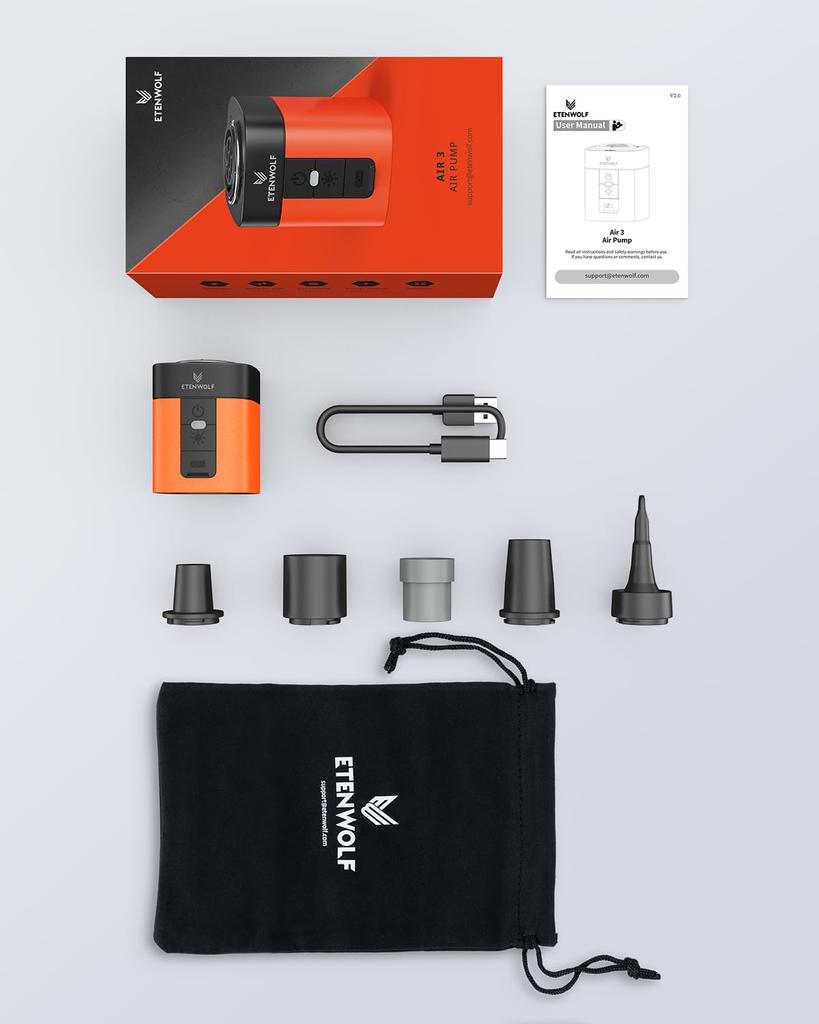 ETENWOLF AIR 3 Portable Air Powerful Electric Pump with 2600mAh Inflates and Deflates Air Vacuum and Floats Pump, 360L/min Battery, Mattresses, Bags,