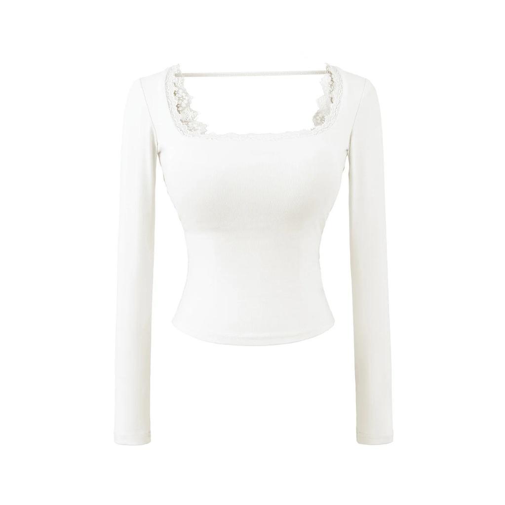 Women's Pure Desire Lace Trim Long Sleeve Slim Fit Top with Chest Pads - Ideal for Spring and Autumn