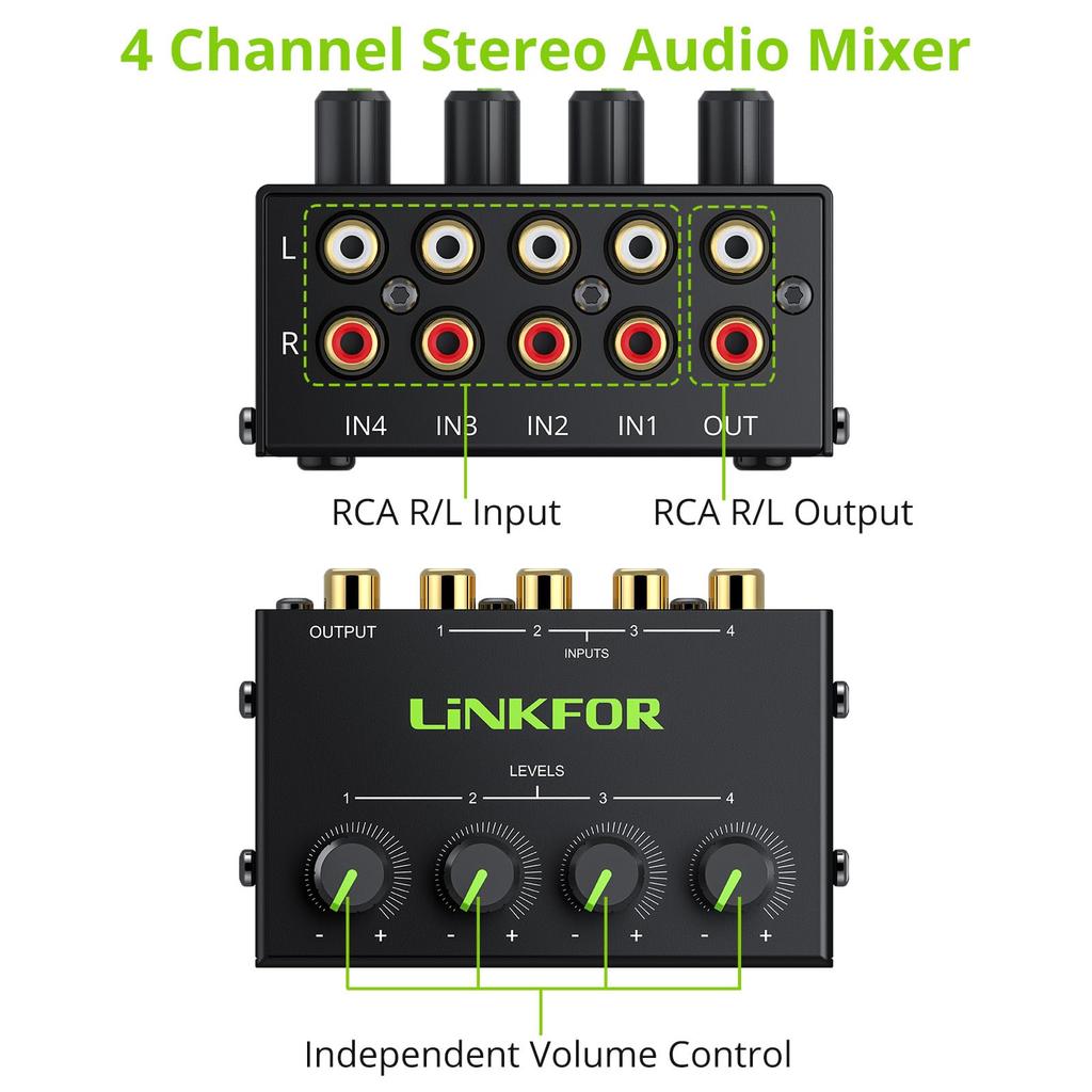 LiNKFOR Stereo Mini Mixer, RCA, 4-Channel Passive Mixer with Adjustable Volume, Metal Shell, Compatible with CD Players, Tape Players, Computers,