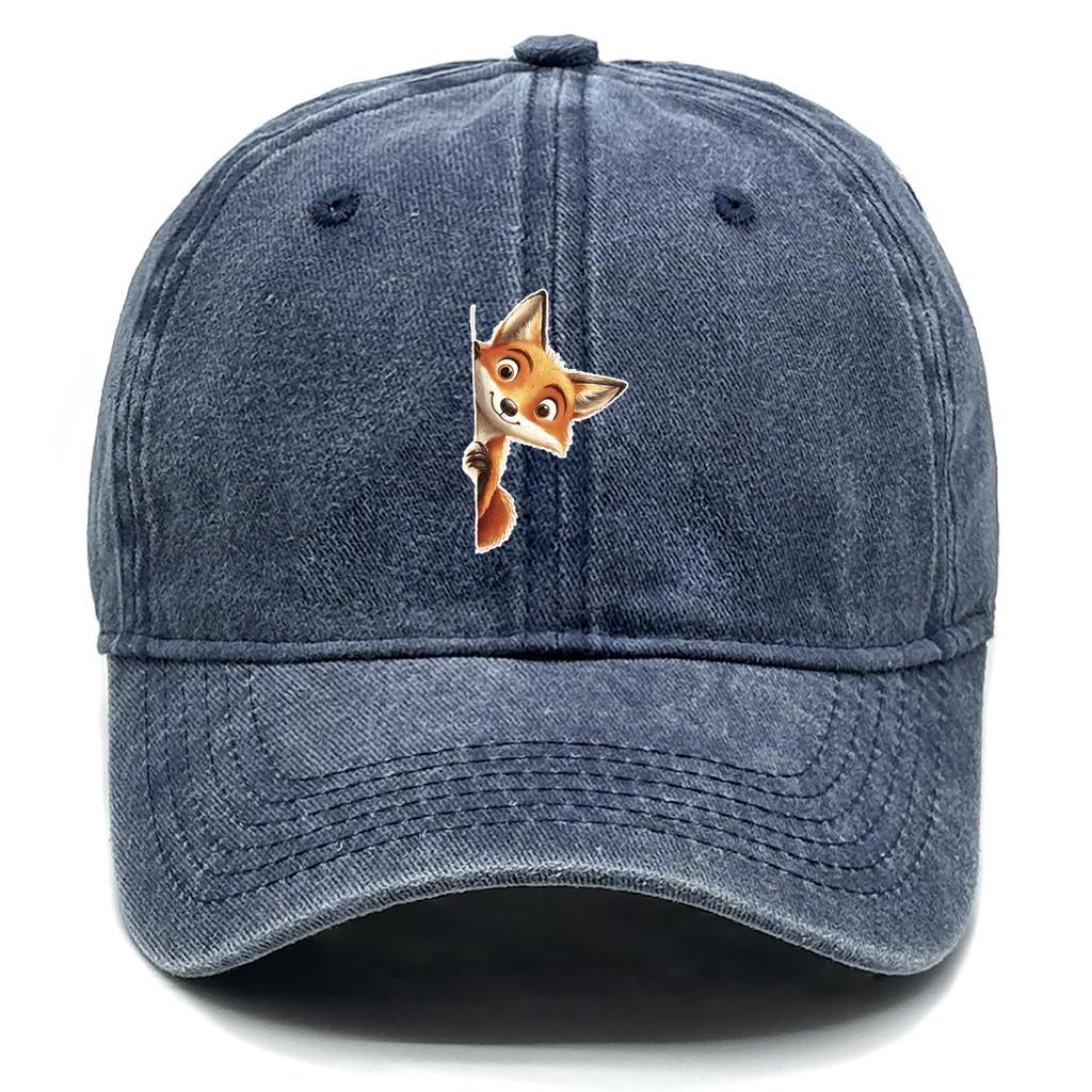 Cute Fox Print Snapback Sun Hat Big-eyed Fox Baseball Hat Washed Cotton Stylish Adjustable Baseball Cap Ideal Choice For Gifts