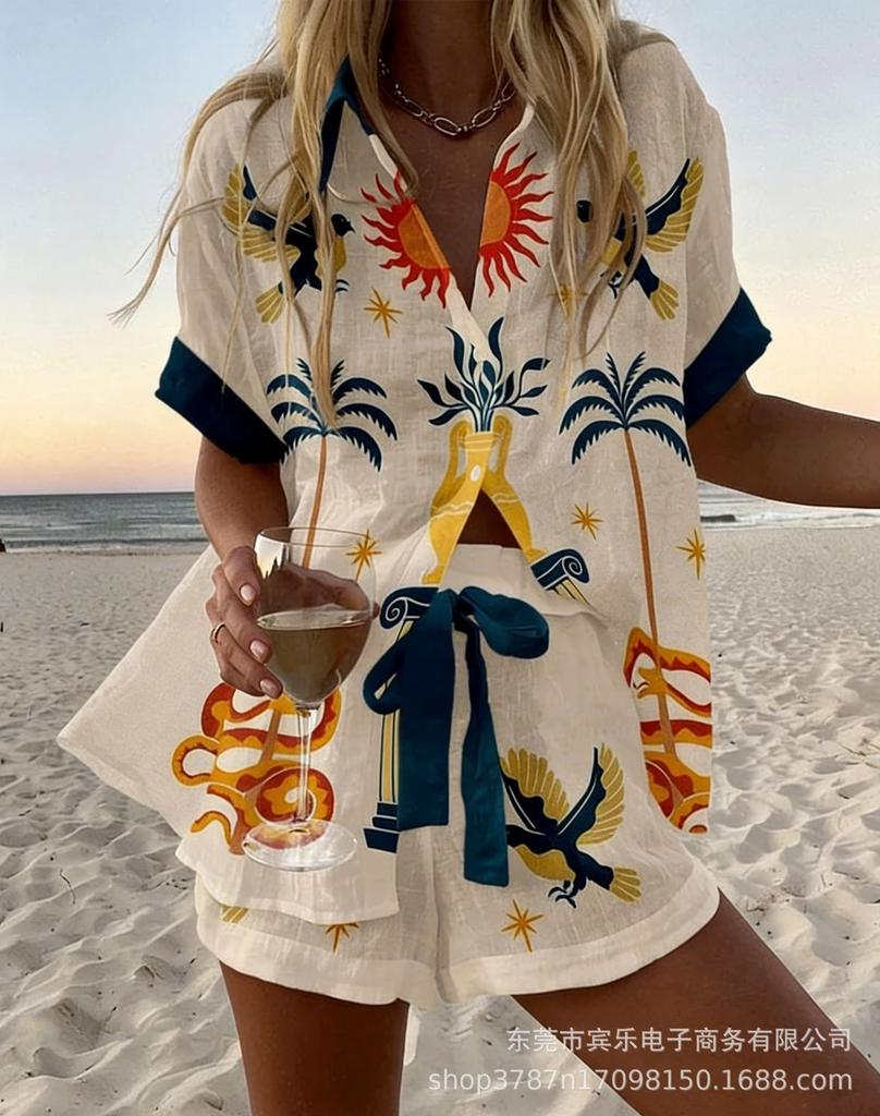 Summer European and American Women's Clothing Bamboo Hemp 1D Digital Printing Short-sleeved Shirt Beach Shorts Casual Two-piece Set