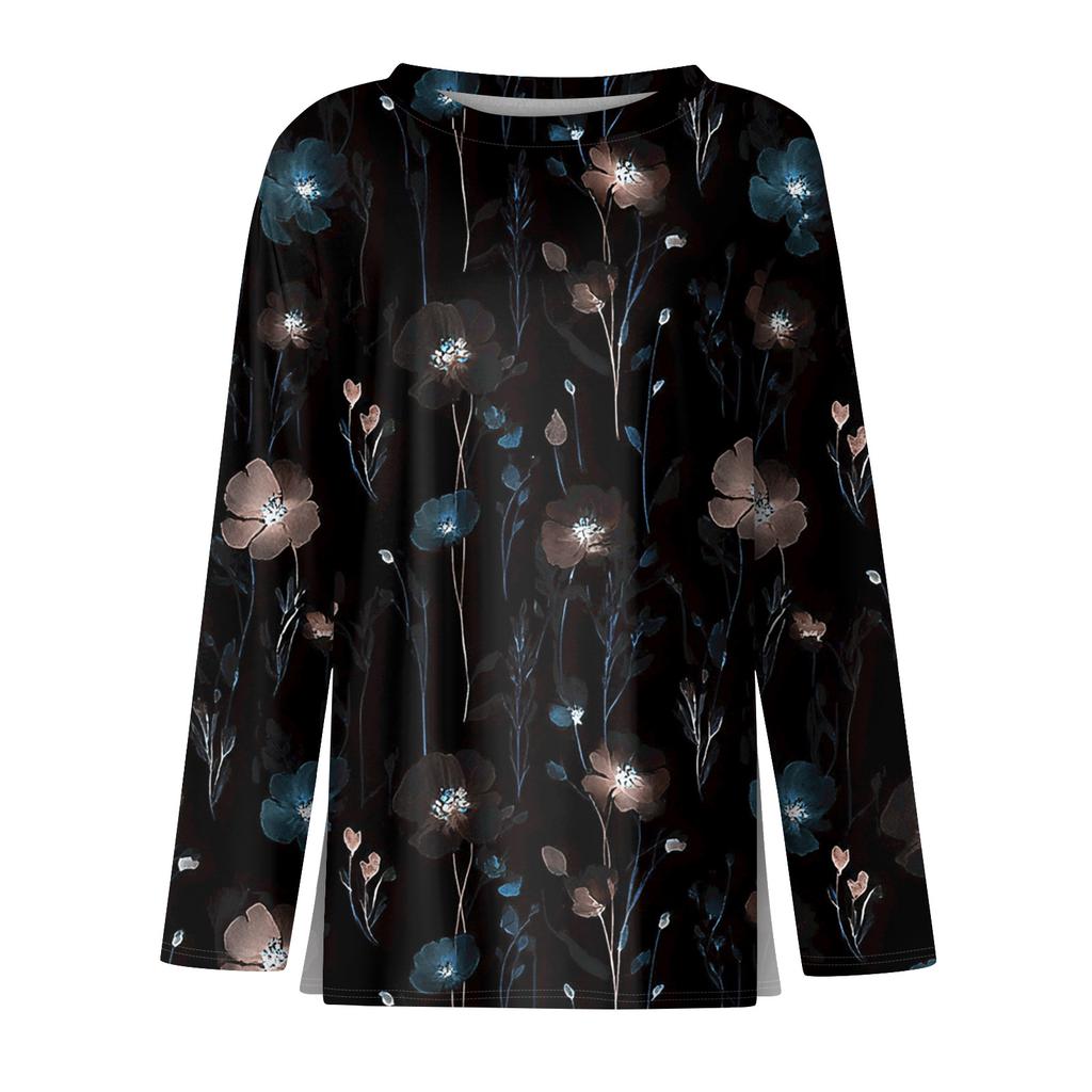 Women's Fashion Casual Slit Hem Round Neck Long Sleeve Loose  Printed T-Shirt Ladies Top