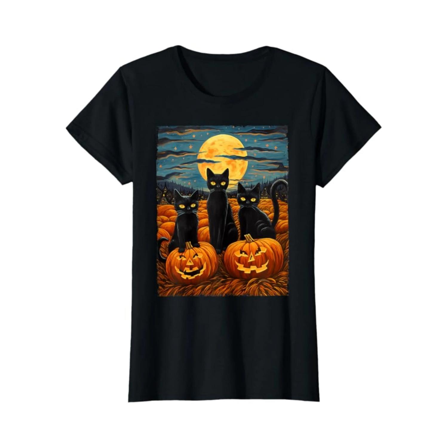 Черная Кошка Хэллоуин Любители Кошек Звездная Ночь Кот Ван Гог Кошачий Свитшот Высокое Качество Модный Тренд 100% Хлопок Футболка 01232 S