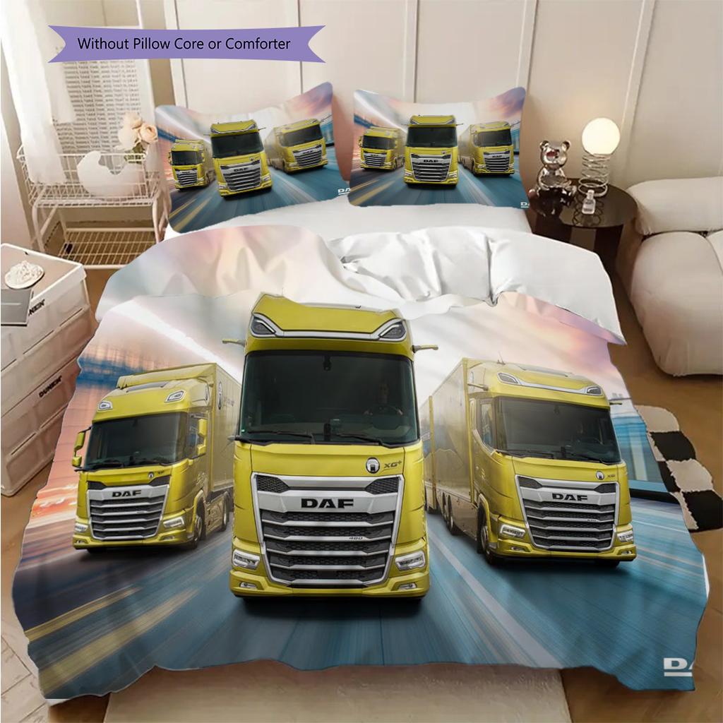 Golden Trucks Motion Bedding (1 * duvet cover + 2 * pillowcase, without core) 2D Flat Soft and comfortable Bedding set Christmas birthday gift