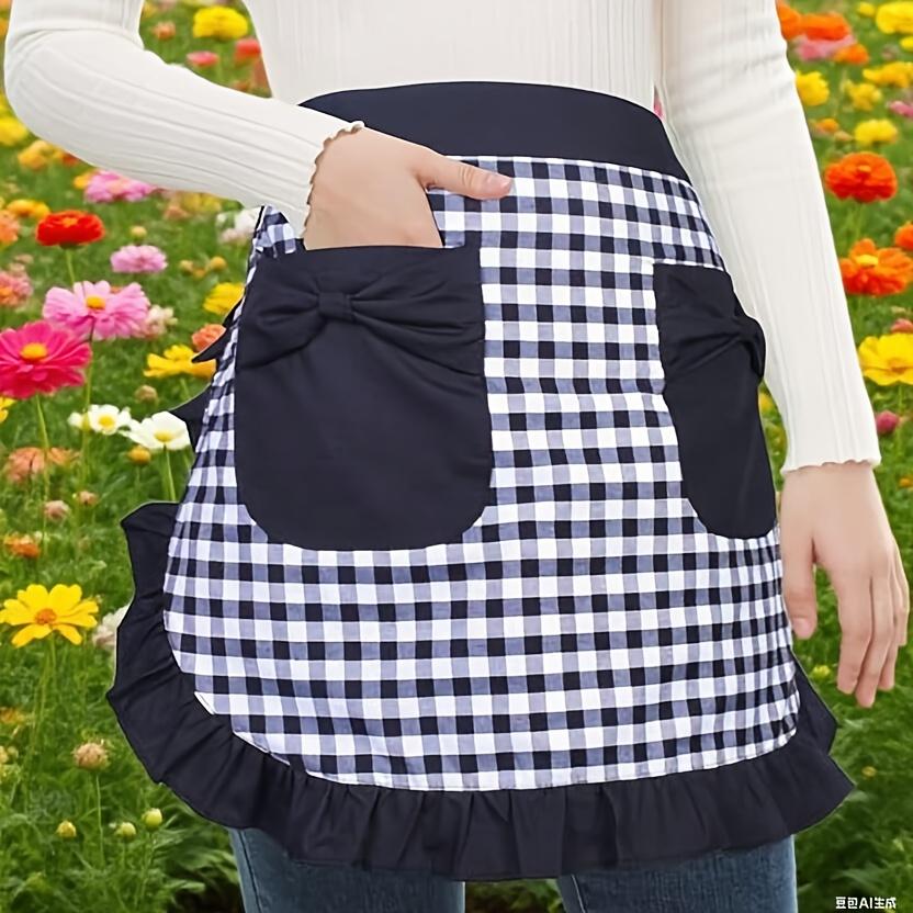 

1PC cute plaid bow pocket short apron versatile maid apron ruffle edge cooking apron festive party dress up christmas apron