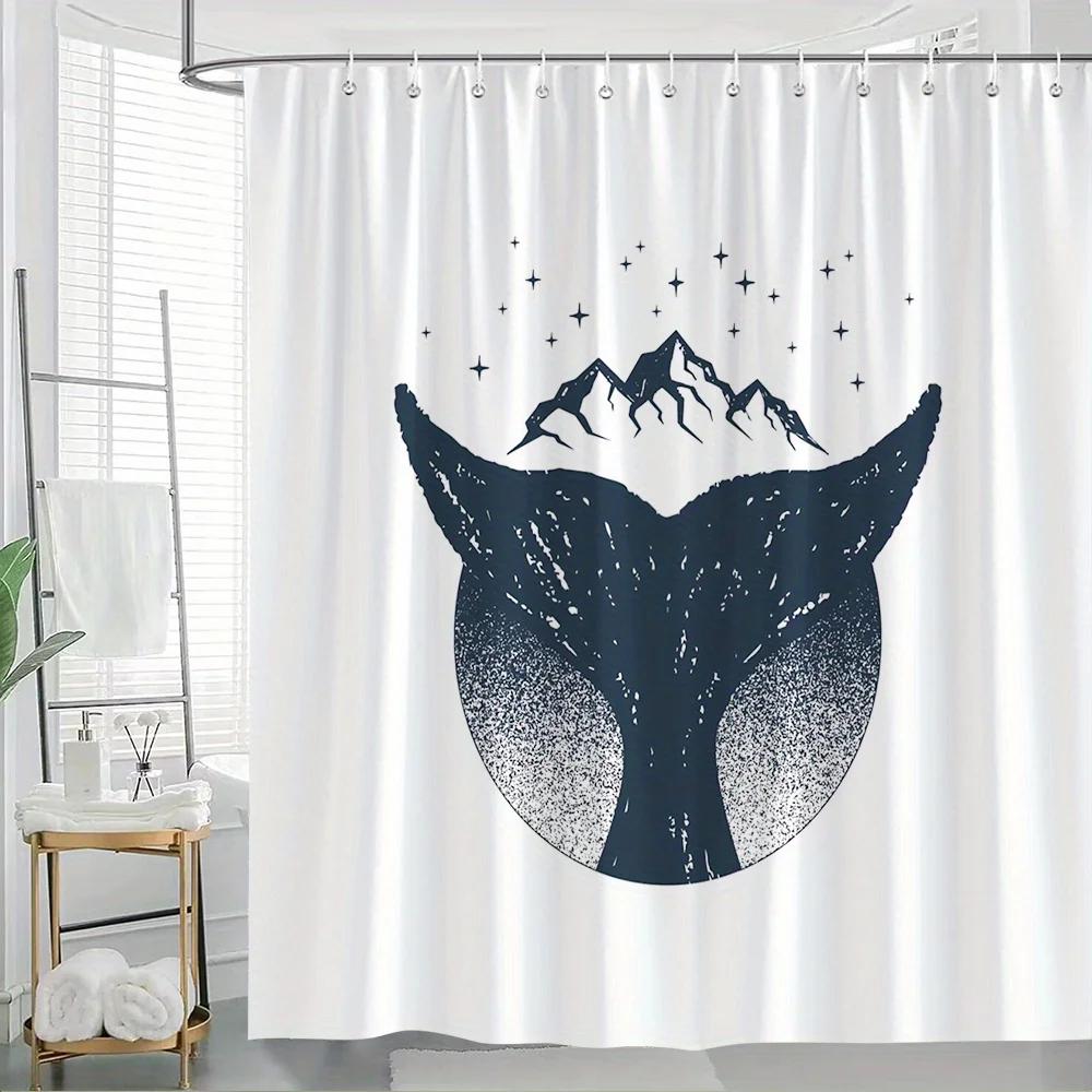 

Whale s Tail and Snowy Mountains Shower Curtain - Monochrome Silhouette, Gradient Design, Serene & Whimsical, 12 Hooks W90xH180cm