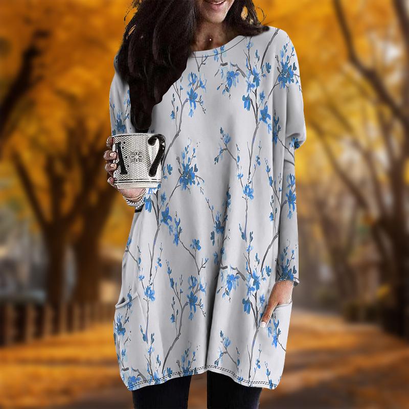 New In Autumn Elegant Plum Blossom Print Plus Size Dress Women O'neck Long Sleeves Casual Pocket Dresses