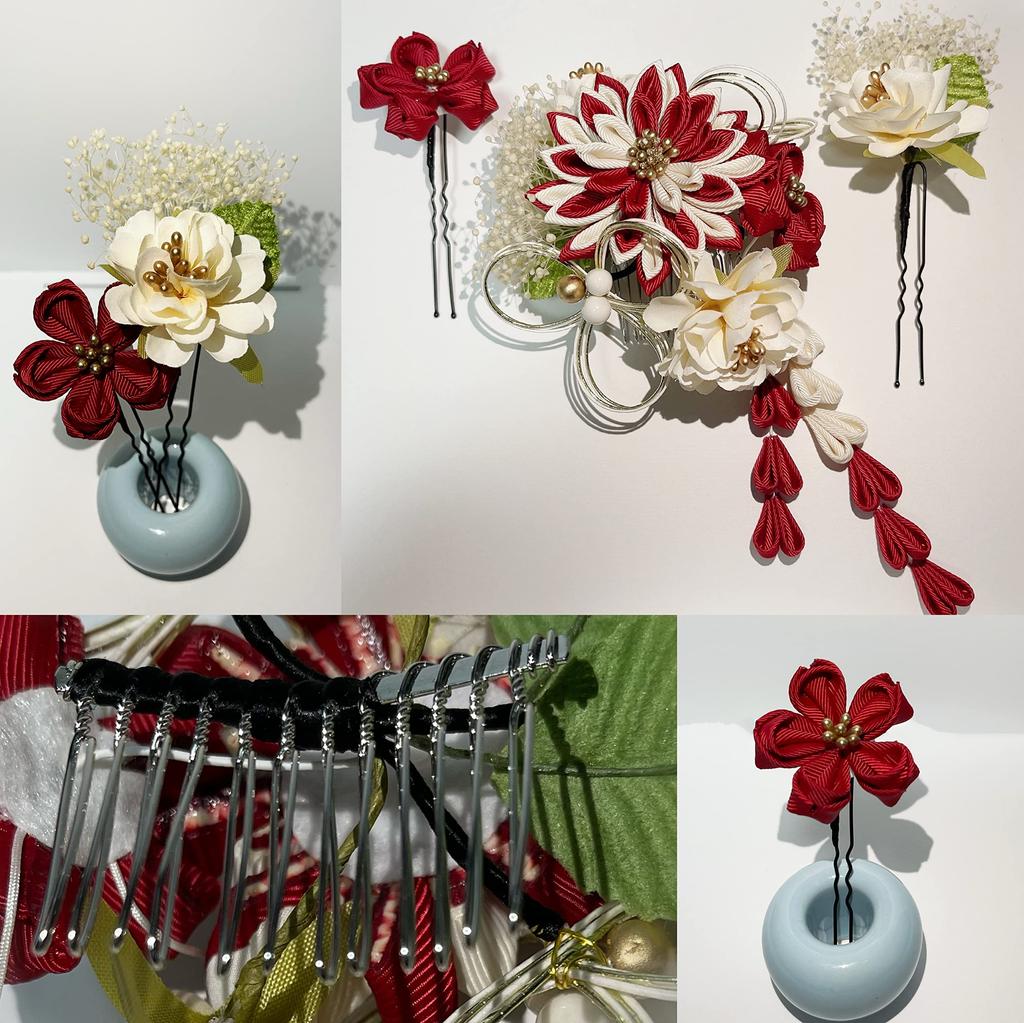 Inari Shoji Tsumami Zaiku Mizuhiki Dried Flower Hair Ornament Set for Ceremonies and Graduations (3 Pieces) Coming-of-Age (Red)