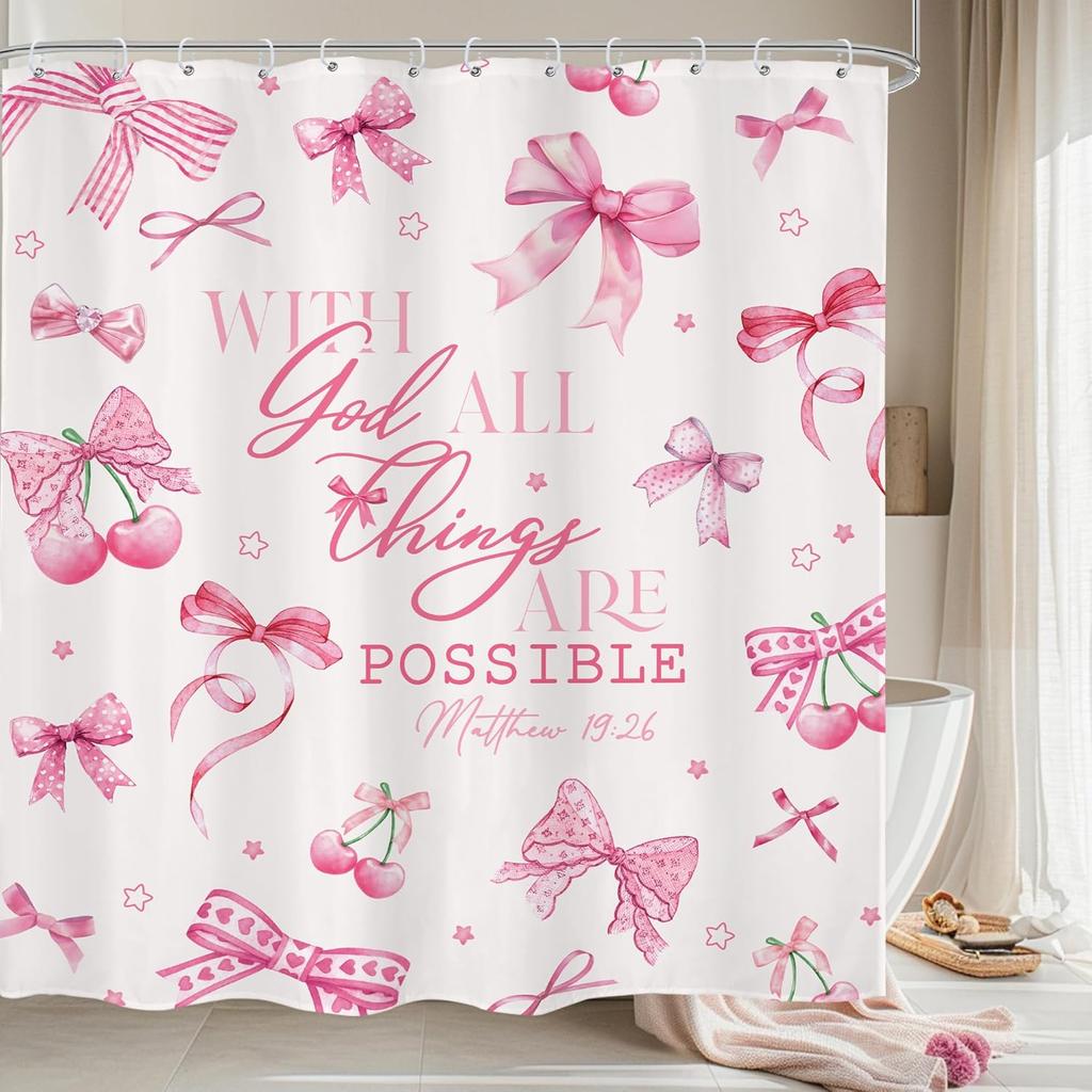 Pink Black Bow Shower Curtain Cherry Girly Preppy Modern Fruit Pretty Sweet Aesthetic for Girls Teens Cloth Fabric