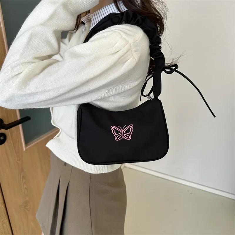Embroidery Bowknot Butterfly Shoulder Bag Y2k-Style Ruffle Handle Nyl Bow Tote Bag Makeup Lipstick Bag Handbag New