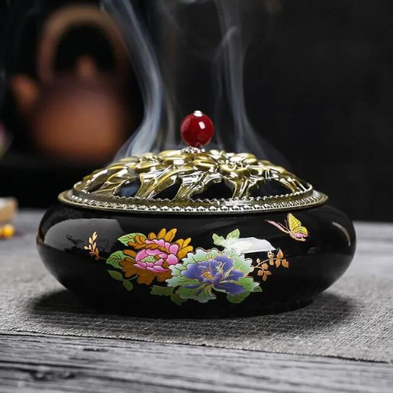 

Black Porcelain Sandalwood Incense Coil Holder Hollow Flower Pattern Aroma Burner for Meditation Zen Home Office Decor Gift