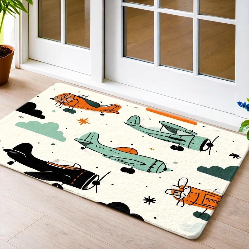 1pc, 2pcs, 3pcs 'S Fun Airplane Flannel Non-Slip Mat, Durable And, Machine Washable, Rubber Bottom Non-Slip Door Mat, Suitable for Living Room, Bedroo