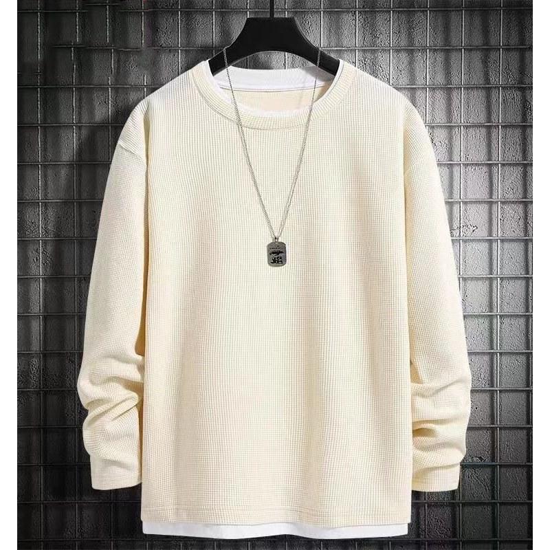 Loose Round Neck Inner Bottoming Shirt Trendy Men'S Waffle Fake Two Long-Sleeved T-Shirt Autumn And Winter Sweater