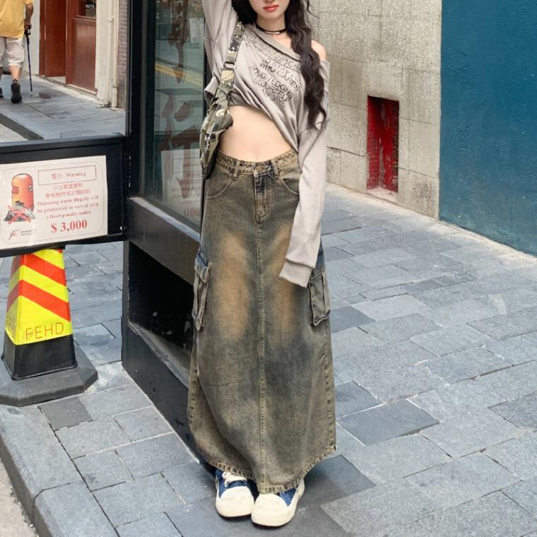 

Ретро Джинсовая Миди-юбка с Высокой Посадкой для Женщин – Универсальная А-силуэта Рабочая Одежда с Множеством Карманов, Осенне-зимний Стиль 3XL