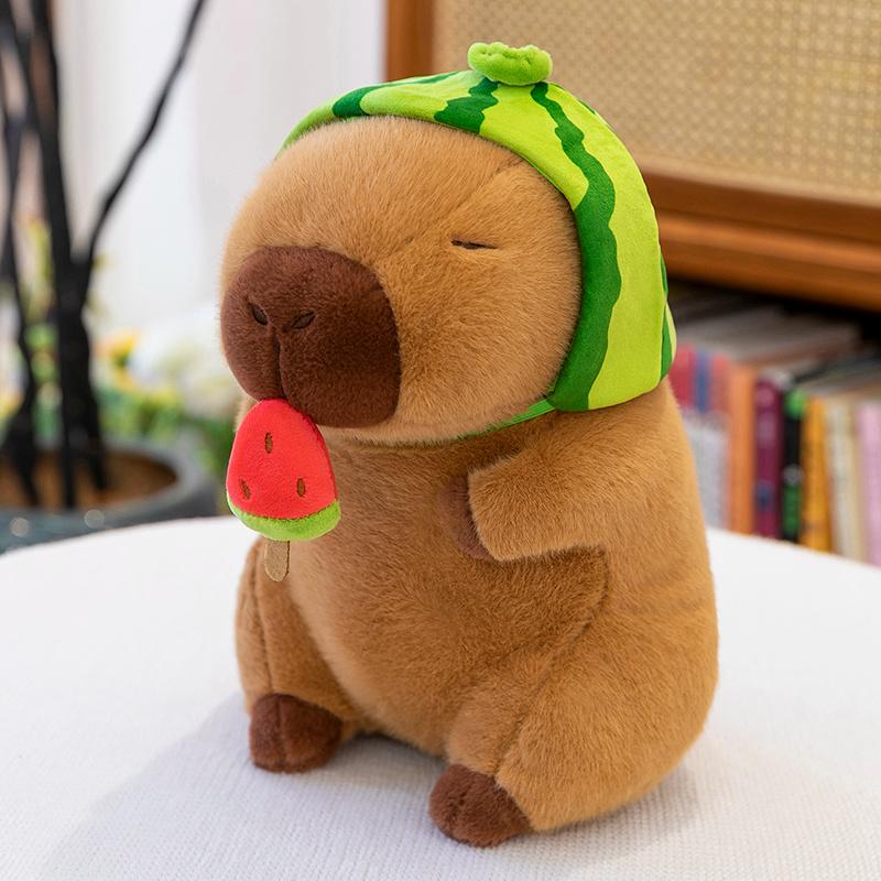 Cute Capybara Plush Toy Stuffed Animals Fruit Kapibala Watermelon Headgear Soft Pillow Doll Kids Toys Birthday Christmas Gift