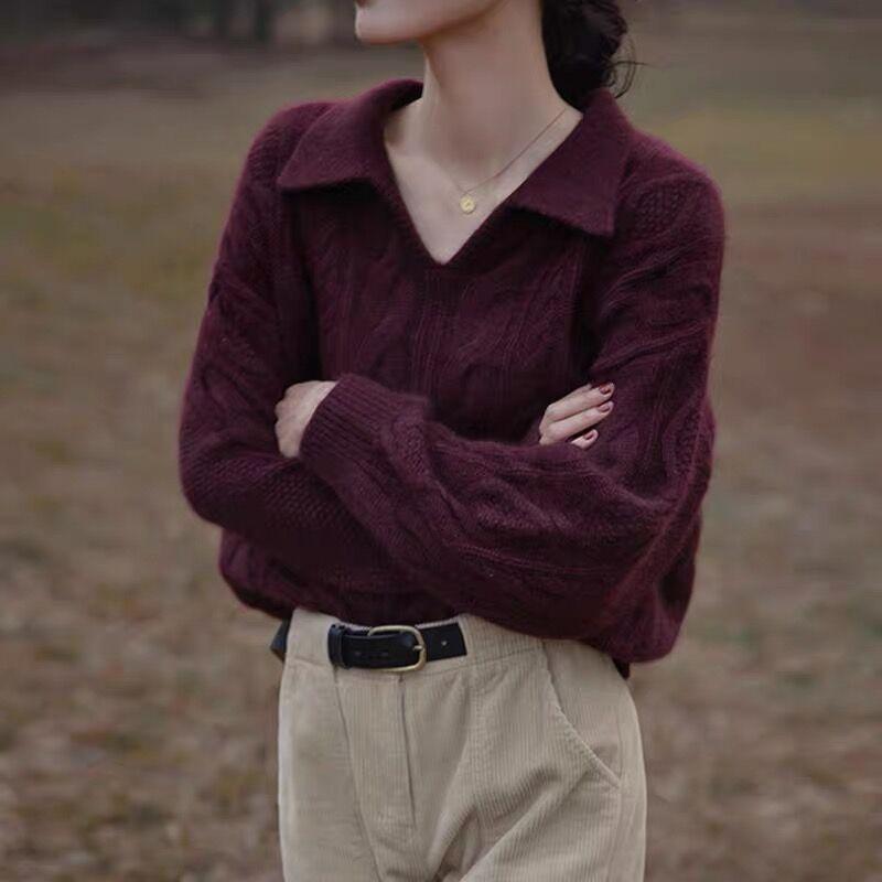 Retro Pullover Sweater Women Autumn and Winter Korean Loose and Lazy Wind Soft Milk V-neck Sweater Pullover Top One Size малиновый