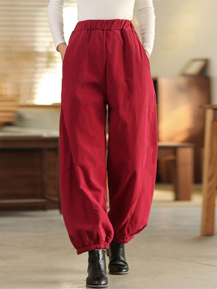 Johnature Women Quilted Bloomers Pants Loose Elastic Waist Solid Color Pants Winter Casual Trousers
